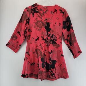 Habitat 100% Linen Mini Dress Tunic Red Black Floral Small Bohemian Hippie Artsy